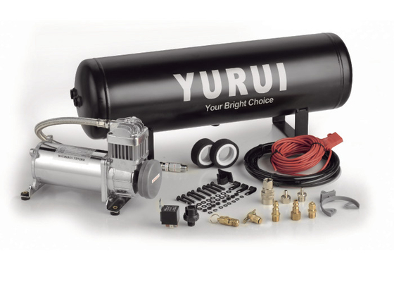 เครื่องอัดอากาศระบบออนบอร์ดเหล็กสีดำและสีเงินพร้อมถัง 12V สำหรับปรับแต่งรถ